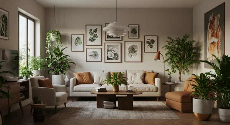 Sala contemporânea brasileira decorada com plantas e quadros, móveis neutros e iluminação natural, criando ambiente harmonioso e acolhedor.