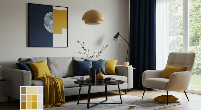 Sala de estar contemporânea com aplicação da regra 60-30-10, destacando a cor de destaque em amarelo mostarda em almofadas, vaso e quadro. Os detalhes representam 10% da paleta e criam pontos focais de personalidade no ambiente.