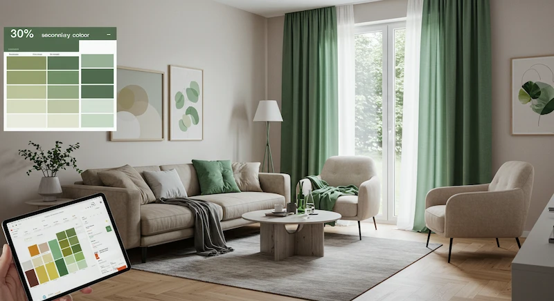 Sala de estar moderna com destaque para a cor secundária em verde suave, aplicada em cortinas, poltrona e tapete, compondo 30% do ambiente conforme a regra 60-30-10. A combinação cria harmonia visual e mostra o uso de ferramentas para simular paletas de cores.