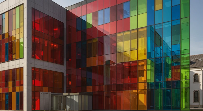 Prédio contemporâneo com fachada de vidro colorido em tons vibrantes que formam um mosaico dinâmico, refletindo luz solar e criando sombras coloridas, destacando inovação e arte na arquitetura urbana.