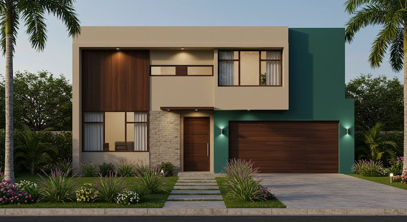 Fachada de casa moderna com combinação de cores 60-30-10, transmitindo harmonia visual e valorização do imóvel no mercado imobiliário.