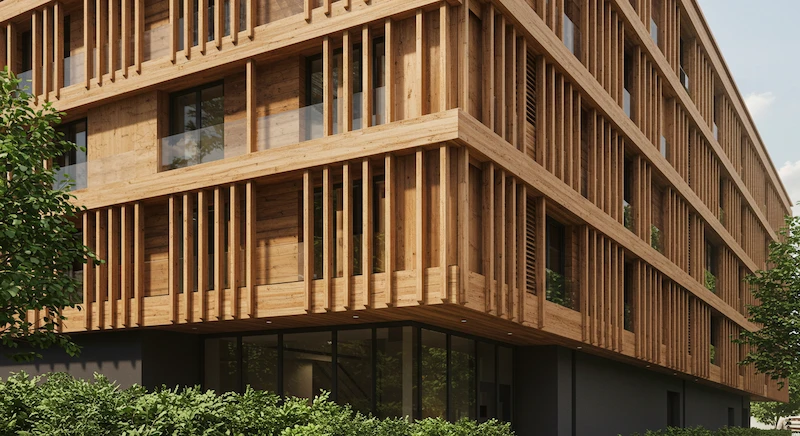 Prédio moderno com fachada em madeira natural disposta em painéis horizontais e verticais, destacando sustentabilidade, estética acolhedora e conexão com a natureza em ambiente urbano.