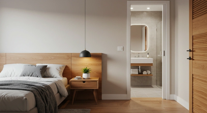 Quarto de casal brasileiro com banheiro integrado, decorado segundo o Feng Shui, com a porta do banheiro fechada e a cama posicionada de forma harmoniosa para manter o equilíbrio energético.