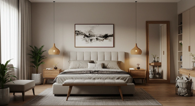 Um quarto sereno e harmonioso com um ambiente tranquilo. Uma cama king-size grande e luxuosa com roupa de cama macia e luxuosa ocupa o centro do palco, rodeada por móveis elegantes de madeira e elementos decorativos naturais. A iluminação quente e suave projeta um brilho aconchegante, enquanto espelhos e plantas estrategicamente posicionados realçam a energia calmante do Feng Shui. O layout e o design do quarto priorizam o equilíbrio, o fluxo e a interação harmoniosa entre yin e yang. A atenção aos detalhes, desde as obras de arte cuidadosamente selecionadas até a paleta de cores sutis, cria uma atmosfera tranquila e revigorante, perfeita para o retiro repousante de um casal brasileiro.