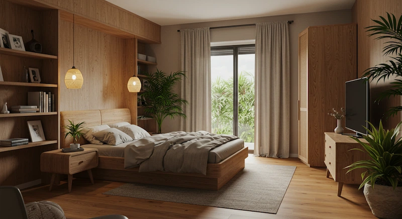 Foto de um quarto com tons de madeira natural e vegetação exuberante, promove uma sensação de equilíbrio e tranquilidade. Camadas de profundidade e textura criam uma atmosfera envolvente, quase palpável, convidando o observador a sentir a energia positiva que permeia o espaço.