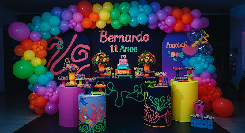 Festa de aniversário infantil com decoração neon, arco de balões orgânico em tons fluorescentes, painel com nome “Bernardo 11 Anos” em balões sobre fundo preto, balões com luzes de LED e lembrancinhas iluminadas, criando ambiente moderno e vibrante.