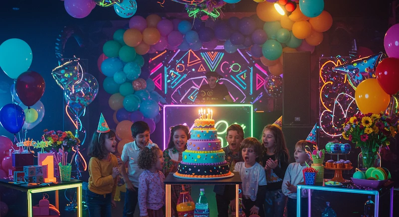 Uma cena vibrante e cheia de neon de uma animada festa de aniversário infantil. Em primeiro plano, um grupo de crianças animadas se reúne ao redor de uma mesa central, com os rostos brilhando de entusiasmo enquanto admiram um bolo imponente de várias camadas adornado com velas brilhantes. Ao redor delas, uma deslumbrante variedade de balões, serpentinas e outros elementos decorativos em neon criam uma atmosfera pulsante e energética. No centro, uma cabine de DJ pulsa com luzes neon, criando o clima de uma festa dançante. Ao fundo, um cenário de padrões geométricos estilizados em tons vibrantes evoca um ambiente moderno e urbano. A iluminação é uma mistura cativante de tons quentes e suaves e toques de neon marcantes, criando uma experiência visualmente deslumbrante e imersiva.