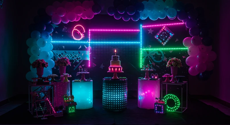 Festa infantil com tema neon mostrando painel decorado com luzes de LED e neon em camadas, efeitos 3D, cores vibrantes e lembrancinhas iluminadas, criando um ambiente moderno e dinâmico inspirado em discoteca.