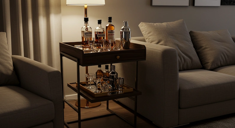 Mesa lateral transformada em mini bar ao lado do sofá em sala moderna, com garrafas, copos e acessórios para drinks.