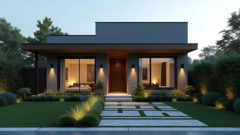 fachada de casa moderna brasileira com paisagismo contemporâneo, integração de plantas e arquitetura, e design minimalista verde.