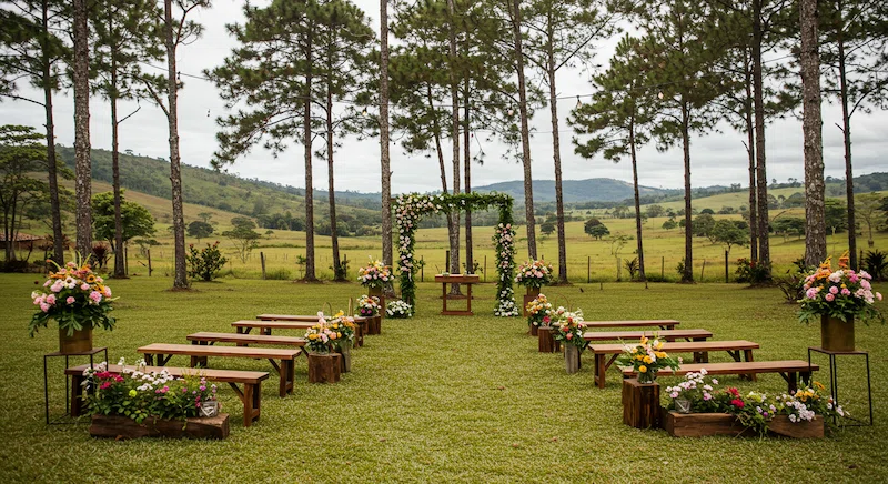 Um cenário de casamento exuberante e rústico-chique em um ambiente ao ar livre de sonho. Um prado extenso pontilhado de flores silvestres vibrantes, cercado por pinheiros imponentes e um riacho que corre suavemente. Bancos de madeira elegantes e arcadas adornadas com vegetação cascateante e flores delicadas criam uma área de cerimônia deslumbrante. Uma iluminação suave e acolhedora filtra-se através da copa das árvores, criando um brilho romântico. Ao fundo, colinas ondulantes e um céu azul sem nuvens completam a paisagem serena e pitoresca. Esta mistura harmoniosa de beleza natural e sofisticação refinada evoca uma sensação de tranquilidade e elegância, capturando na perfeição a essência de um casamento brasileiro chique e rústico.