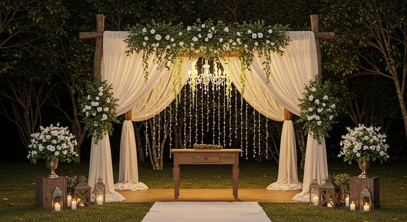 Altar de casamento rústico chique com flores, folhagens, tecidos e luzes suaves, unindo natureza e elegância em cenário encantador para cerimônia e fotos.