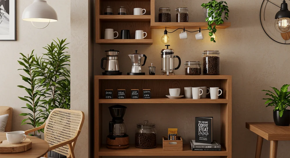 Cantinho do café decorado em casa moderna, com prateleiras organizadas, xícaras, prensa francesa e plantas, criando um ambiente aconchegante e convidativo.