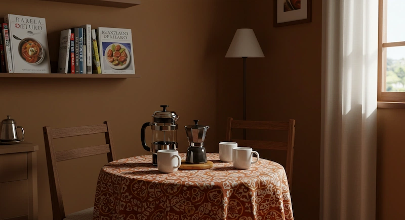 Um canto aconchegante e convidativo de uma casa brasileira, repleto do aroma de café acabado de fazer. Uma pequena mesa redonda de madeira fica no centro, adornada com uma toalha de mesa vibrante e estampada. Sobre a mesa, uma clássica cafeteira francesa de cerâmica e canecas combinando aguardam a chegada dos convidados. As paredes são pintadas em um tom quente e terroso, complementadas por uma estante elegante e minimalista, repleta de livros sobre a cultura do café e a culinária brasileira. Uma luz suave e natural entra por uma grande janela, lançando um brilho suave sobre o espaço. A cena exala uma sensação de conforto e relaxamento, convidando os visitantes a fazer uma pausa, saborear e apreciar o momento.