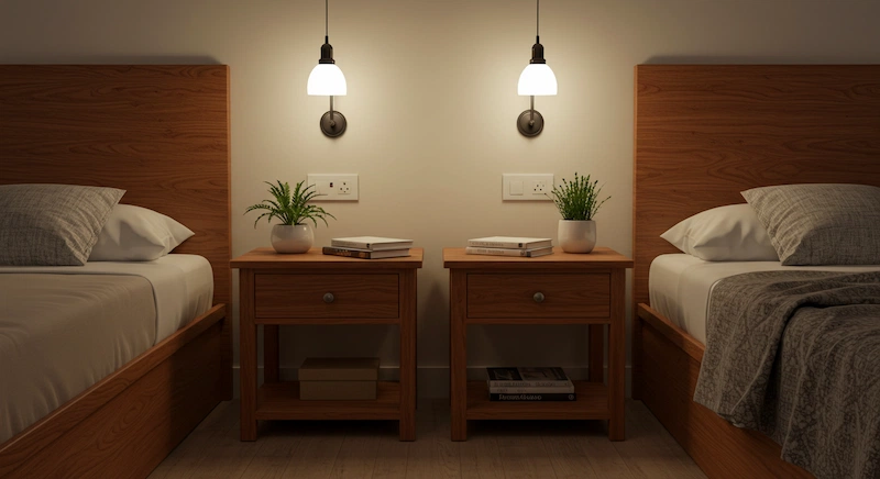 Mesas de cabeceira simétricas em um quarto aconchegante, irradiando uma atmosfera calorosa e convidativa. As mesas são feitas de madeira rica e polida, complementando os tons neutros do quarto. Luminárias sutis acima projetam um brilho suave e ambiente, criando uma sensação de tranquilidade. A decoração cuidadosamente selecionada, como vasos de plantas e vasos decorativos, adiciona interesse visual e equilíbrio ao arranjo. A composição geral enfatiza a harmonia, a organização e os princípios do Feng Shui, atendendo às preferências do público brasileiro por designs de quartos práticos e esteticamente agradáveis.
