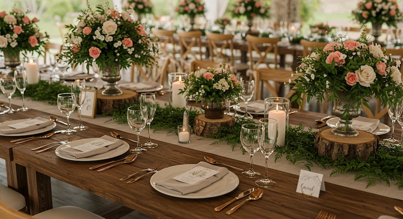 Mesa de convidados em casamento rústico chique com madeira, flores naturais, louças finas e cristais, criando uma composição elegante e acolhedora.