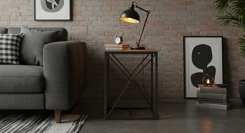 Sala de estar contemporânea com mesa lateral de metal ao lado do sofá, unindo estilo industrial e resistência na decoração.