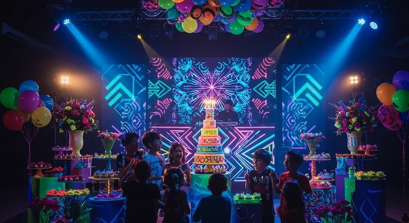 Um vibrante cenário de festa com tema neon, apresentando uma fascinante variedade de formas geométricas, linhas e padrões. O cenário é banhado por um caleidoscópio de tons luminosos e pulsantes – azuis, verdes, rosas e roxos – criando uma atmosfera cativante e imersiva. O layout é meticulosamente projetado, com um equilíbrio harmonioso de simetria e assimetria, atraindo o olhar do espectador através da composição dinâmica. A iluminação é dramática, com uso estratégico de holofotes e retroiluminação para acentuar os elementos neon e gerar uma sensação de profundidade e dimensão. A estética geral é visualmente impressionante, evocando uma sensação de entusiasmo e energia, perfeita para uma animada festa de aniversário infantil.