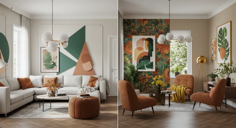Design de interiores com contraste entre minimalismo e maximalismo, mostrando uma sala monocromática com poucos móveis e outra vibrante com texturas, cores e padrões ousados, iluminadas por luz natural.