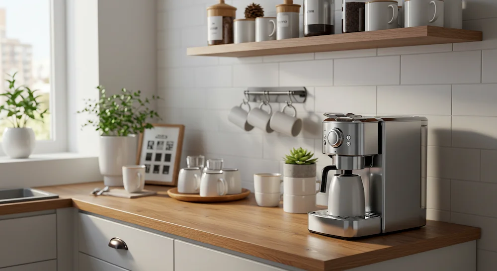 Cantinho do café planejado dentro da cozinha moderna, com cafeteira, prateleira de madeira, canecas e plantas decorativas, em ambiente iluminado e aconchegante.
