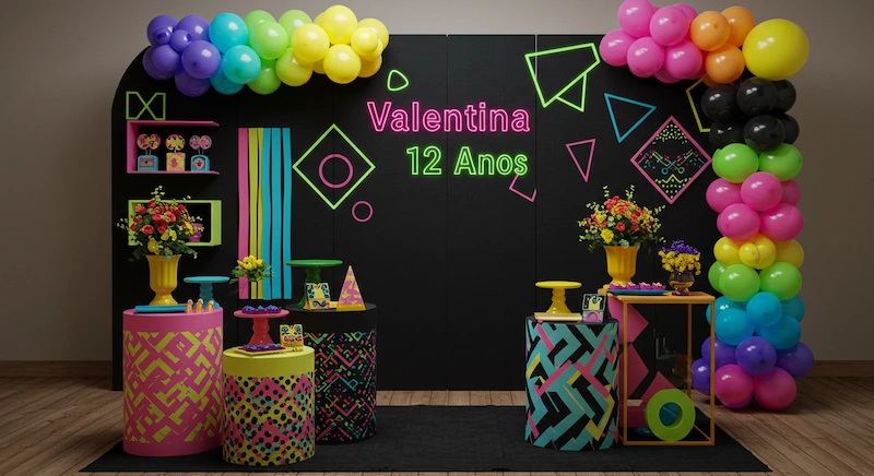 Painel de aniversário infantil com fundo preto decorado com nome "Valentina" e "12 Anos" em letras neon, formas geométricas coloridas, balões fluorescentes e lembrancinhas integradas à decoração, em ambiente moderno de festa temática neon.