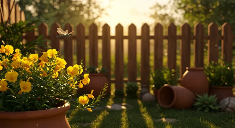 jardim brasileiro ao amanhecer, mostrando flores de crotalária e libélula, simbolizando beleza e combate à dengue.