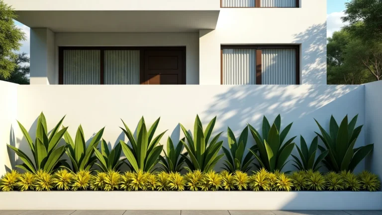 Muro externo moderno e lindo decorado com plantas Espada-de-São-Jorge e Pingo-de-Ouro, formando bordaduras e jardins verticais elegantes, em ambiente residencial brasileiro com luz natural, mostrando ideias para decorar muro externo.