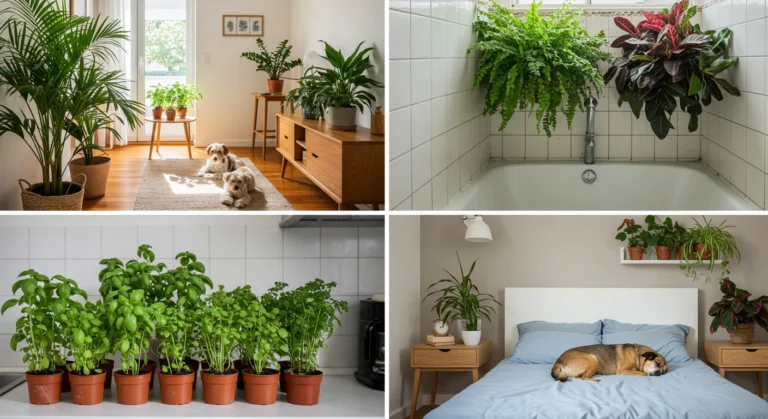 Colagem com quatro ambientes da casa decorados com plantas pet friendly: sala com areca-bambu e pata-de-elefante; banheiro com samambaia-americana e calatheas; cozinha com ervas aromáticas seguras para pets; e quarto com planta-aranha e peperômia-melancia, todos com cães e gatos em harmonia.