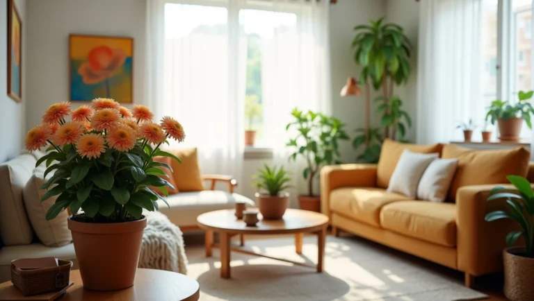 Sala de estar de apartamento brasileiro bem decorada, com móveis modernos em tons terrosos e aconchegantes. Em destaque, um crisântemo florido em vaso sobre uma mesa lateral de madeira elegante, iluminado pela luz natural suave que entra pelas cortinas brancas translúcidas. A decoração inclui almofadas, quadros e outras plantas, criando um ambiente harmonioso, acolhedor e com sensação de bem-estar.