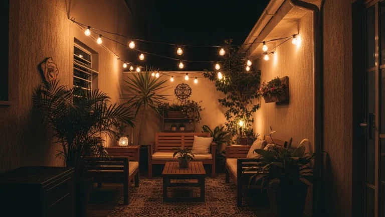 quintal com varal de luzes na decoração