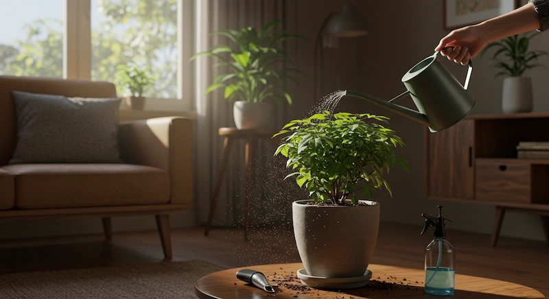 Foto em uma sala de casa brasileira com uma pessoa regando a Árvore da Felicidade com regador pequeno, próximo a uma janela iluminada. O solo está úmido e há um borrifador ao lado, indicando cuidados com a umidade da planta.