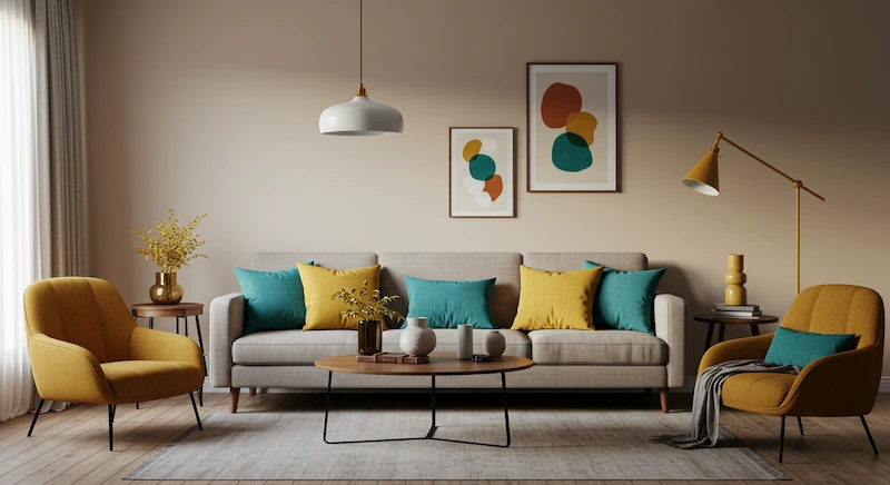Sala moderna ilustrando a regra dos 60-30-10 com cores equilibradas, criando harmonia visual e ambiente acolhedor para valorização do imóvel.