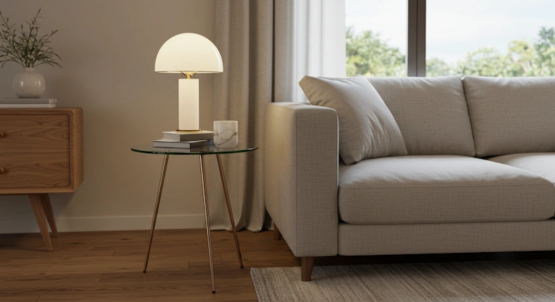 Sala de estar minimalista com mesa lateral de vidro ao lado do sofá, destacando leveza e elegância na decoração.