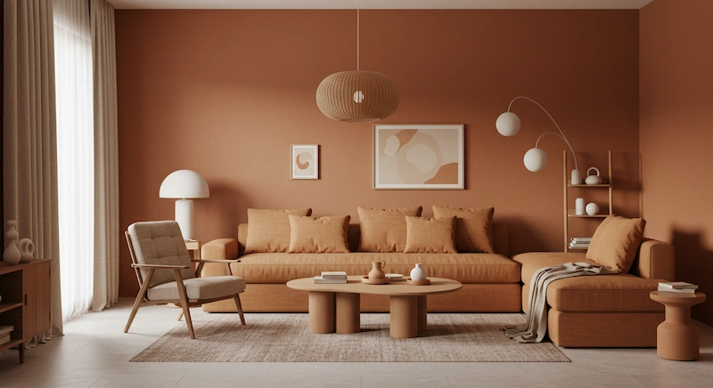 Sala moderna com tons neutros sofisticados como Urucum Tropical, combinando elegância e versatilidade na decoração de interiores no estilo brasileiro 