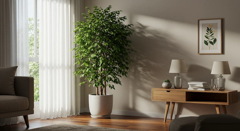 Árvore da Felicidade saudável posicionada próxima a uma janela com cortina translúcida, recebendo luz indireta em uma casa brasileira moderna e aconchegante.