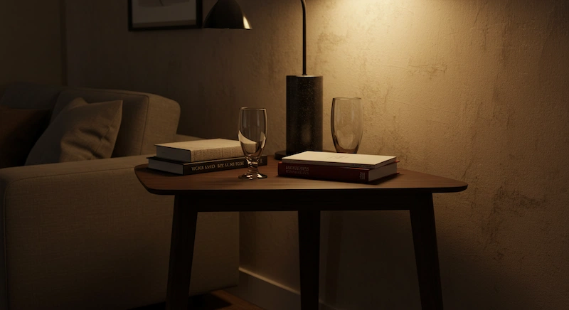 Uma mesa de canto elegante e moderna em uma sala de estar aconchegante e convidativa. A mesa apresenta um design suave e minimalista em madeira escura, complementado por detalhes metálicos elegantes. A iluminação suave e ambiente cria um brilho aconchegante, destacando as linhas clean e a simplicidade elegante da mesa. Ao fundo, uma parede em tons neutros com texturas sutis cria um cenário refinado e sofisticado. O ambiente como um todo transmite uma sensação de sofisticação discreta, perfeitamente adequada para um design de interiores brasileiro contemporâneo.