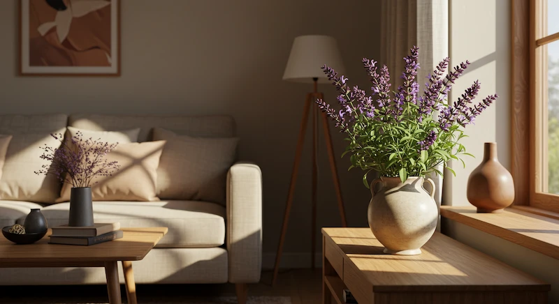 Sala aconchegante com decoração neutra e um único vaso com sálvia em flor, usada como repelente natural de mosquitos.