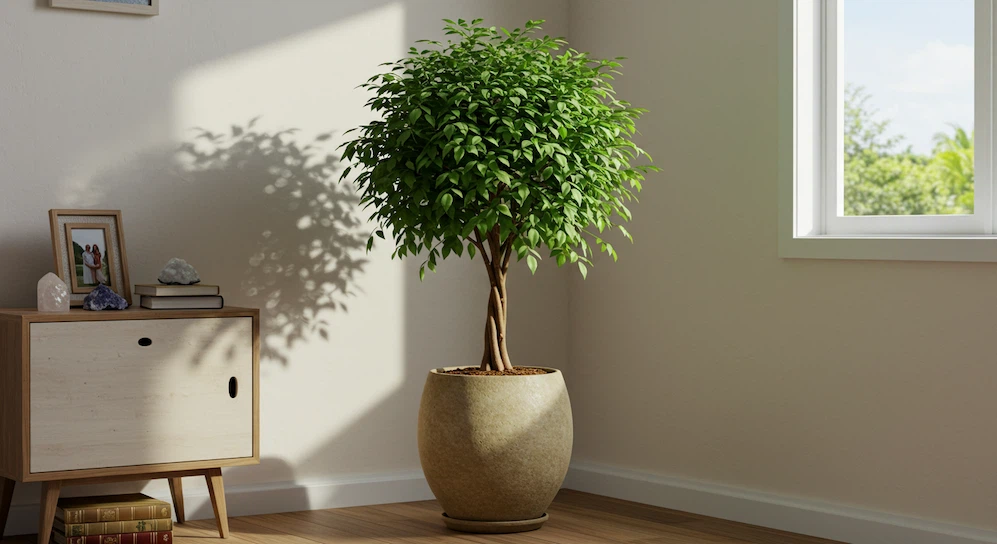 Árvore da Felicidade em decoração de casa brasileira, simbolizando prosperidade, equilíbrio familiar e boas energias.