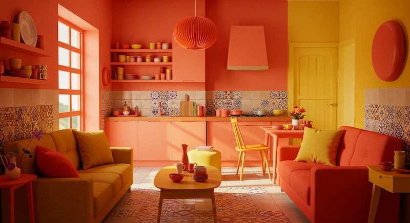 Sala e cozinha com decoração em tons vibrantes como Bossa Nova e Despertar, transmitindo energia, alegria e modernidade às casas brasileiras em 2025.
