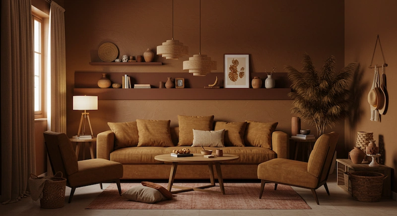 Ambiente com tons marrom-luxo e terrosos na decoração, transmitindo aconchego, elegância e as tendências de cores para casas brasileiras em 2025.