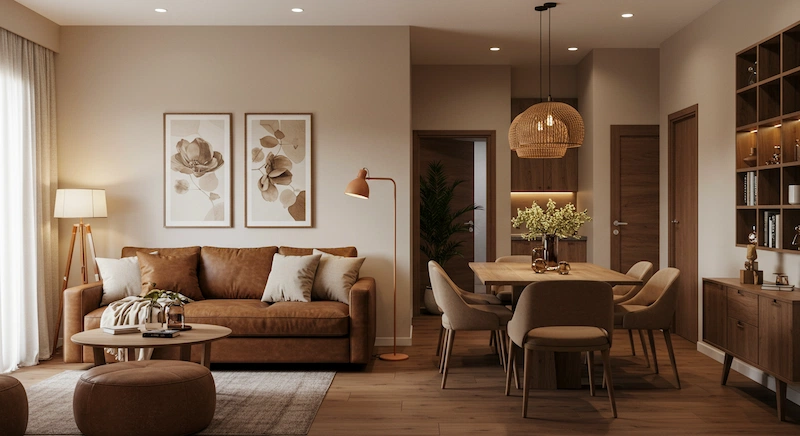 Sala de estar e jantar integradas com cores quentes como marrom-luxo e neutros sofisticados, criando um ambiente acolhedor, elegante e convidativo para casas brasileiras.