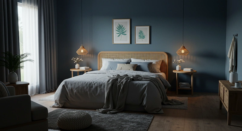 Quarto com tons relaxantes como Sossego Noturno, criando um ambiente calmo e acolhedor, ideal para promover bem-estar na decoração brasileira de 2025.