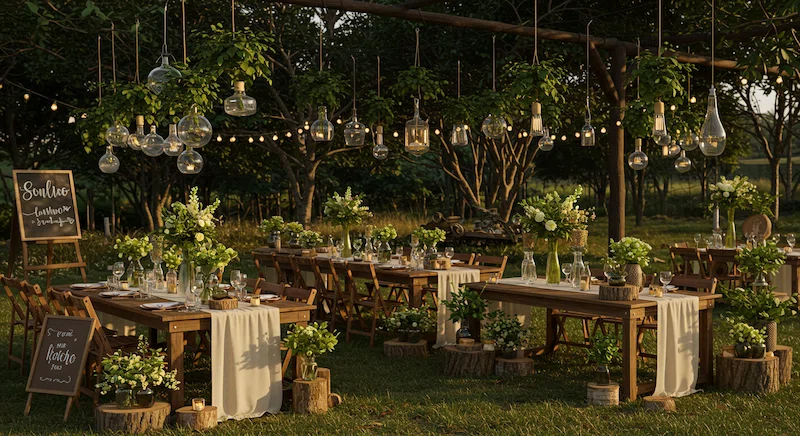 Decoração de casamento rústico chique com flores naturais, móveis de madeira e iluminação aconchegante, unindo sofisticação e natureza em cenário brasileiro.