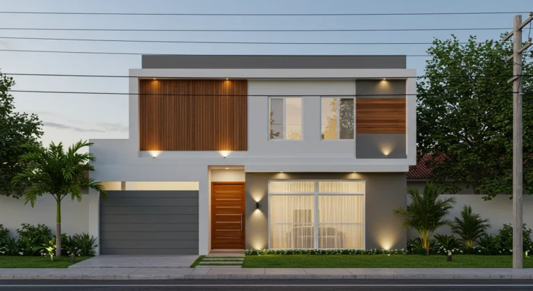 Fachada de casa térrea simples e moderna no Brasil, com linhas retas, detalhes em madeira, jardim tropical e janelas amplas