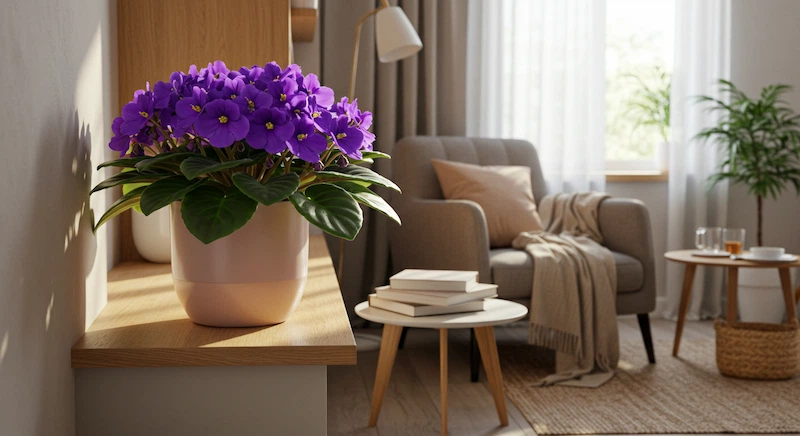 um apartamento brasileiro com uma Violeta em vaso pastel no parapeito, com flores roxas vibrantes. O espaço tem poltrona, manta neutra e tapete, iluminado por luz indireta suave, destacando o charme da planta