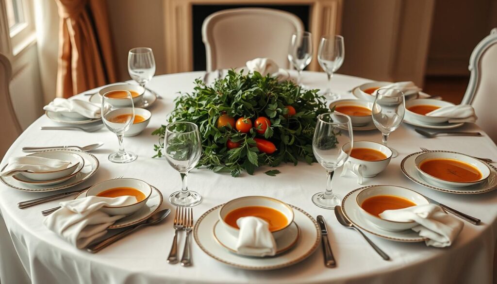 A beautifully set table, featuring a centerpiece of fresh herbs and vegetables, surrounded by an array of elegant tableware. The table is dressed in a crisp white tablecloth, with delicate napkins folded neatly beside each place setting. A variety of soup bowls, spoons, and bread plates are arranged with precision, creating a harmonious and inviting display. Warm, soft lighting illuminates the scene, casting a cozy and intimate atmosphere. The overall composition exudes a sense of refined sophistication, perfectly suited for an elegant soup-focused dinner party.