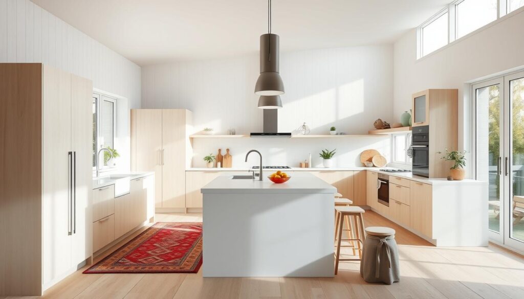 A bright and airy Scandinavian-style kitchen, bathed in natural light streaming through large windows. Clean lines, minimal decor, and a mix of light wood tones create a serene, Nordic-inspired ambiance. A central island with a sleek, white countertop serves as the focal point, surrounded by modern appliances and streamlined cabinetry. Subtle pops of color, such as a vibrant rug or potted plants, add warmth and personality to the space. The overall atmosphere is one of understated elegance, perfect for a Brazilian audience seeking a refined, contemporary take on Scandinavian design. A bright and airy Scandinavian-style kitchen, bathed in natural light streaming through large windows. Clean lines, minimal decor, and a mix of light wood tones create a serene, Nordic-inspired ambiance. A central island with a sleek, white countertop serves as the focal point, surrounded by modern appliances and streamlined cabinetry. Subtle pops of color, such as a vibrant rug or potted plants, add warmth and personality to the space. The overall atmosphere is one of understated elegance, perfect for a Brazilian audience seeking a refined, contemporary take on Scandinavian design.