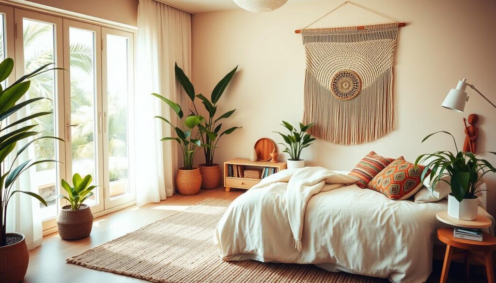 A cozy Scandinavian-style bedroom with a distinct Brazilian touch. Warm, natural lighting filters through large windows, casting a soft glow on the minimalist, light-toned furniture. A plush, textured rug in earthy tones anchors the space, complemented by vibrant, patterned throw pillows and a woven wall hanging that adds a touch of cultural flair. Lush, verdant potted plants enliven the corners, while a wooden accent piece, perhaps a carved figurine or a decorative tray, brings in a rustic, handcrafted element. The overall atmosphere is one of relaxed elegance, blending the clean, serene aesthetics of Scandinavia with the vibrant, soulful charm of Brazil.