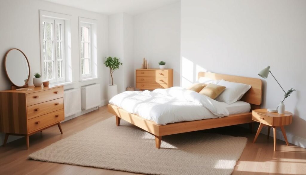 A cozy and inviting Scandinavian-style bedroom, bathed in natural light from large windows. The room features a clean, minimalist aesthetic with a light wood platform bed, crisp white bedding, and a plush area rug in a neutral tone. Scandinavian-inspired furniture pieces, such as a sleek wooden dresser and a mid-century modern-inspired nightstand, are arranged harmoniously. Subtle pops of color come from a few carefully selected decorative accents, like a throw pillow or a potted plant. The overall atmosphere is one of warmth, tranquility, and an appreciation for clean, functional design.