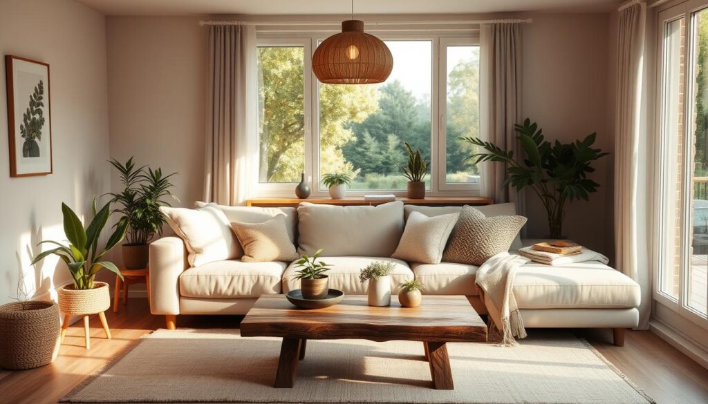 A cozy and inviting Scandinavian-style living room, bathed in warm, natural light. The space features a plush, neutral-toned sofa adorned with soft, textured pillows, complemented by a rustic wooden coffee table. Potted plants and a minimalist, organic-shaped pendant light create a serene, hygge atmosphere. The room is decorated with muted colors, natural materials, and clean lines, exuding a sense of tranquility and well-being. The large window offers a view of a peaceful, lush outdoor space, further emphasizing the connection between the interior and the natural world. The overall ambiance is one of comfort, simplicity, and mindfulness, capturing the essence of the Scandinavian design aesthetic. A cozy and inviting Scandinavian-style living room, bathed in warm, natural light. The space features a plush, neutral-toned sofa adorned with soft, textured pillows, complemented by a rustic wooden coffee table. Potted plants and a minimalist, organic-shaped pendant light create a serene, hygge atmosphere. The room is decorated with muted colors, natural materials, and clean lines, exuding a sense of tranquility and well-being. The large window offers a view of a peaceful, lush outdoor space, further emphasizing the connection between the interior and the natural world. The overall ambiance is one of comfort, simplicity, and mindfulness, capturing the essence of the Scandinavian design aesthetic.